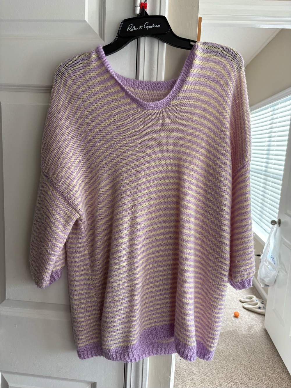 Robert Graham Lavender & Cream Striped Scoop Neck Sweater